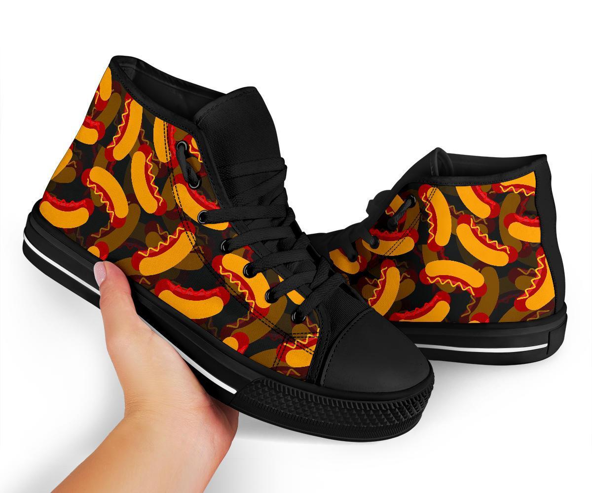 Black Hot Dog Pattern Print Men Women's High Top Shoes-grizzshop