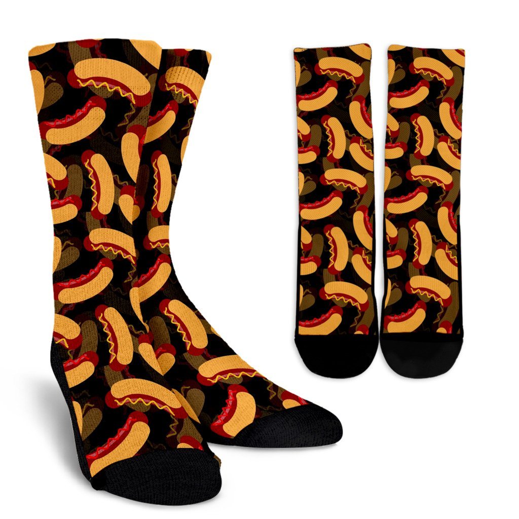 Black Hot Dog Pattern Print Unisex Crew Socks-grizzshop