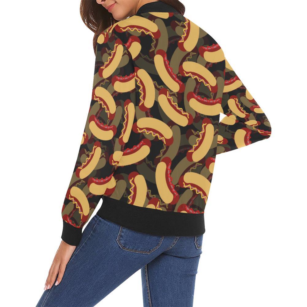 Black Hot Dog Pattern Print Women Casual Bomber Jacket-grizzshop