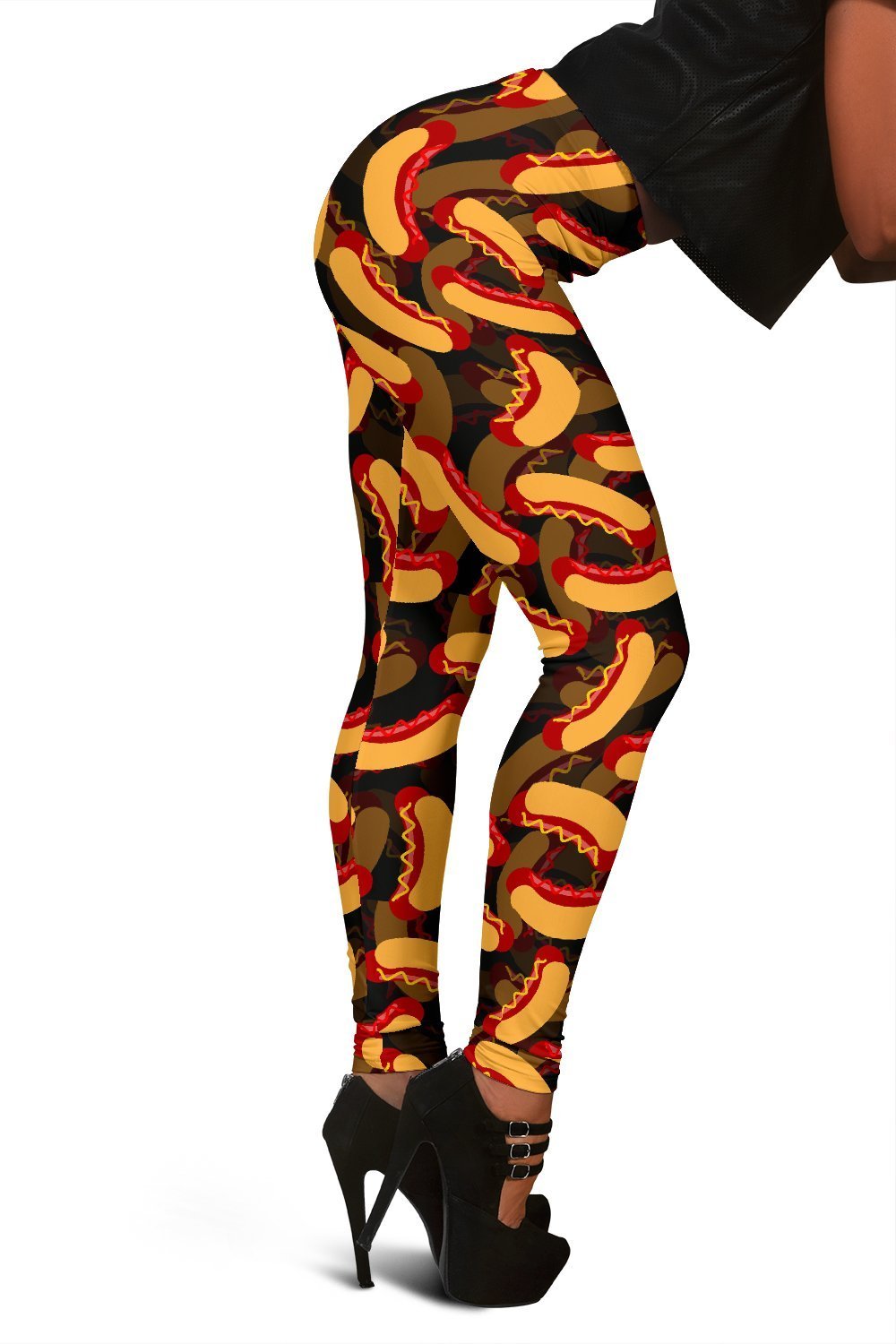 Black Hot Dog Pattern Print Women Leggings-grizzshop