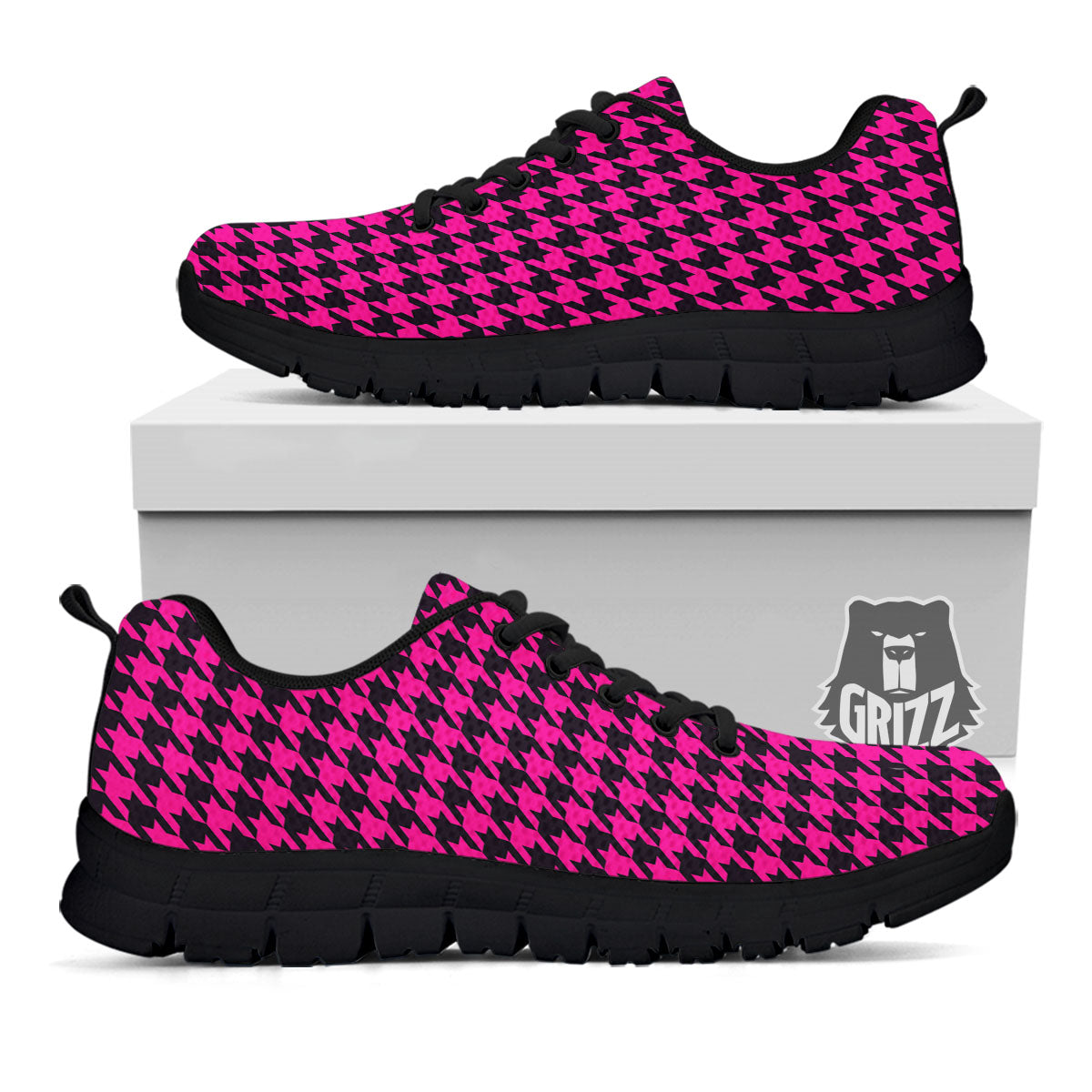 Black Houndstooth And Hot Pink Print Black Sneaker-grizzshop