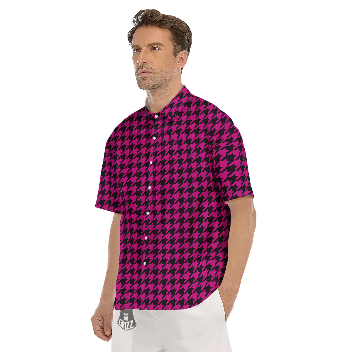 Black Houndstooth And Hot Pink Print Men's Short Sleeve Shirts-grizzshop