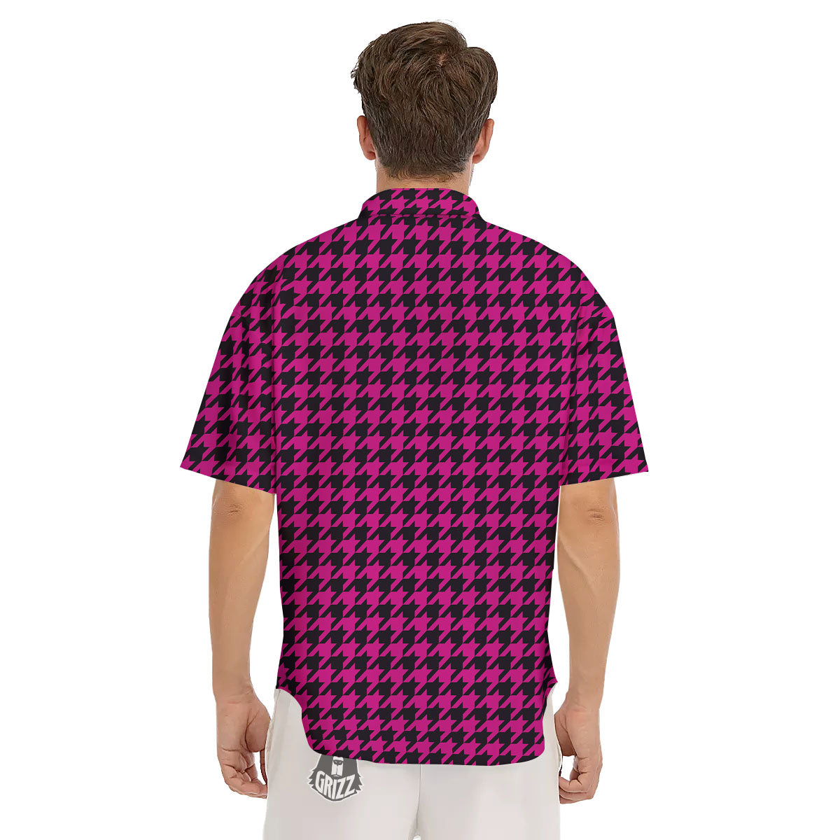 Black Houndstooth And Hot Pink Print Men's Short Sleeve Shirts-grizzshop