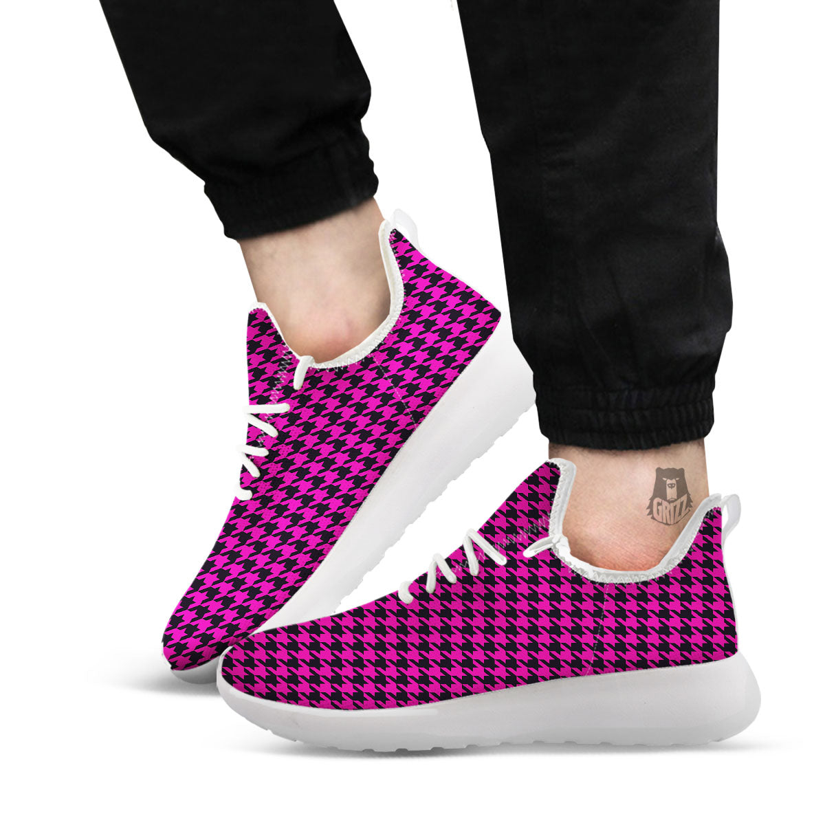 Black Houndstooth And Hot Pink Print White Athletic Shoes-grizzshop