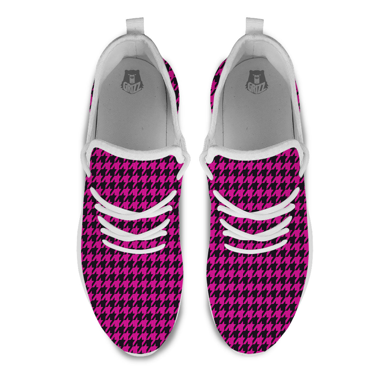 Black Houndstooth And Hot Pink Print White Athletic Shoes-grizzshop