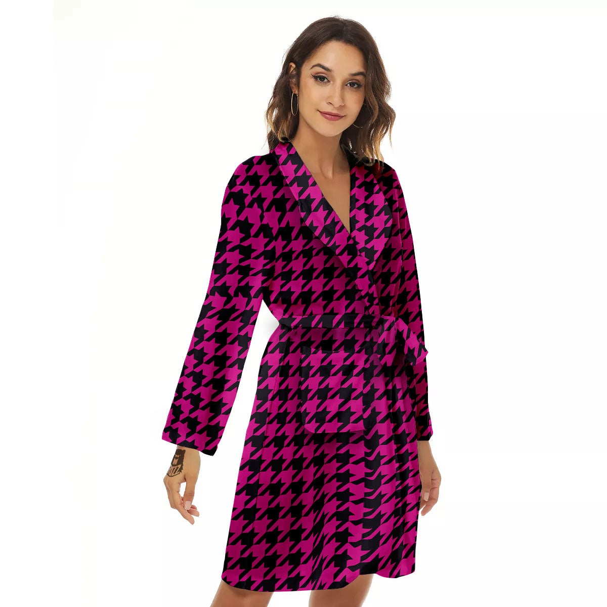 Black Houndstooth And Hot Pink Print Women's Robe-grizzshop