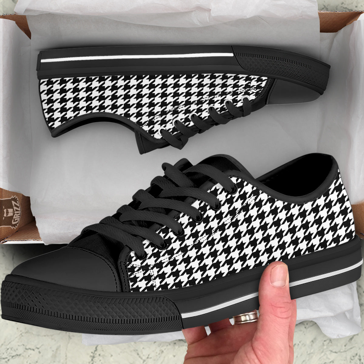 Black Houndstooth Print Black Low Top Shoes-grizzshop