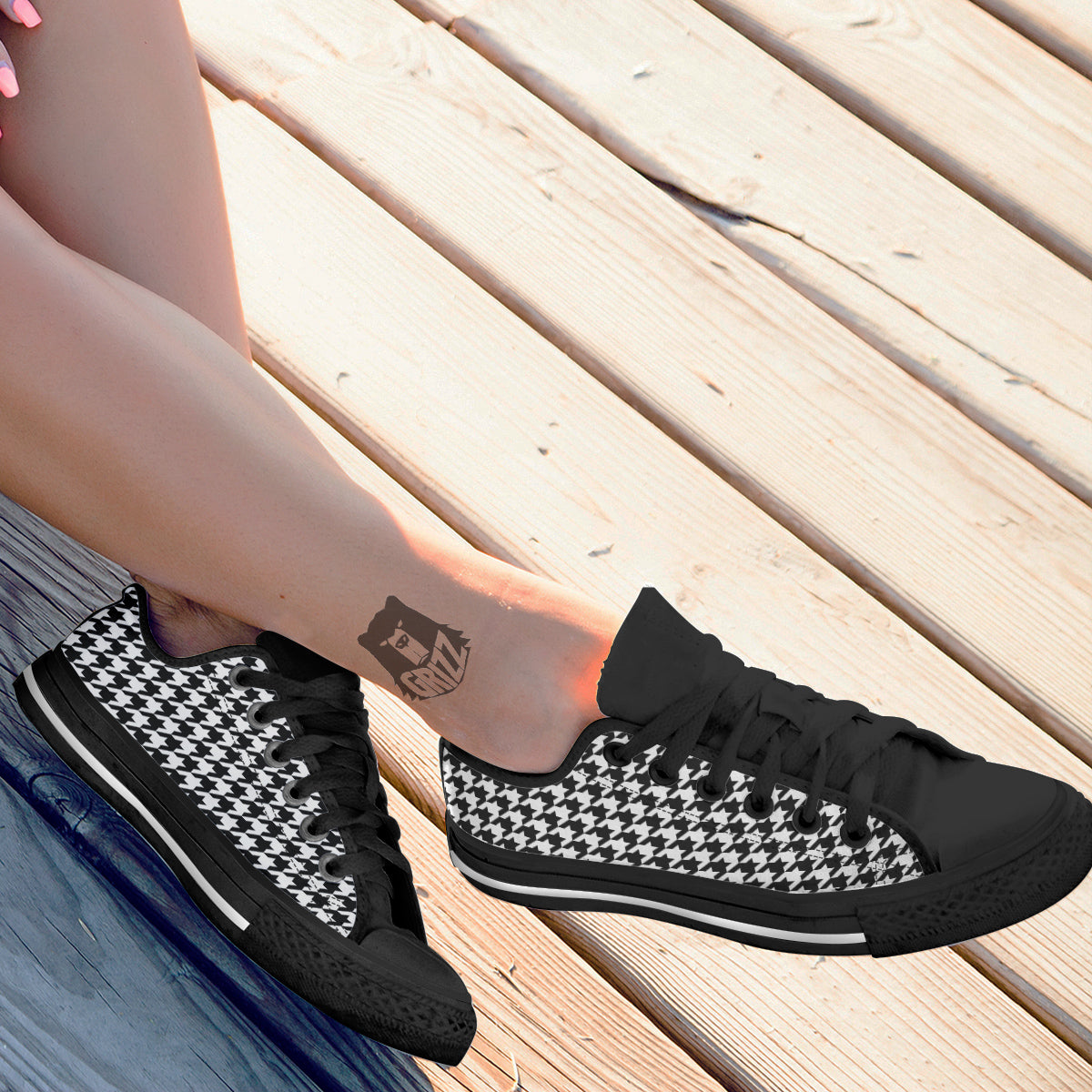Black Houndstooth Print Black Low Top Shoes-grizzshop