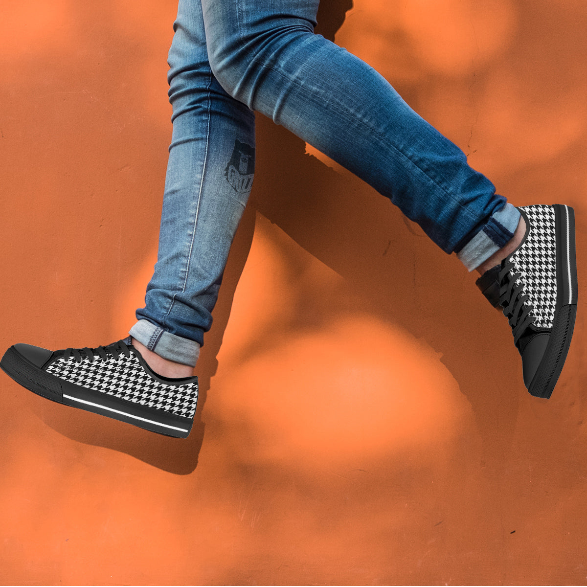 Black Houndstooth Print Black Low Top Shoes-grizzshop