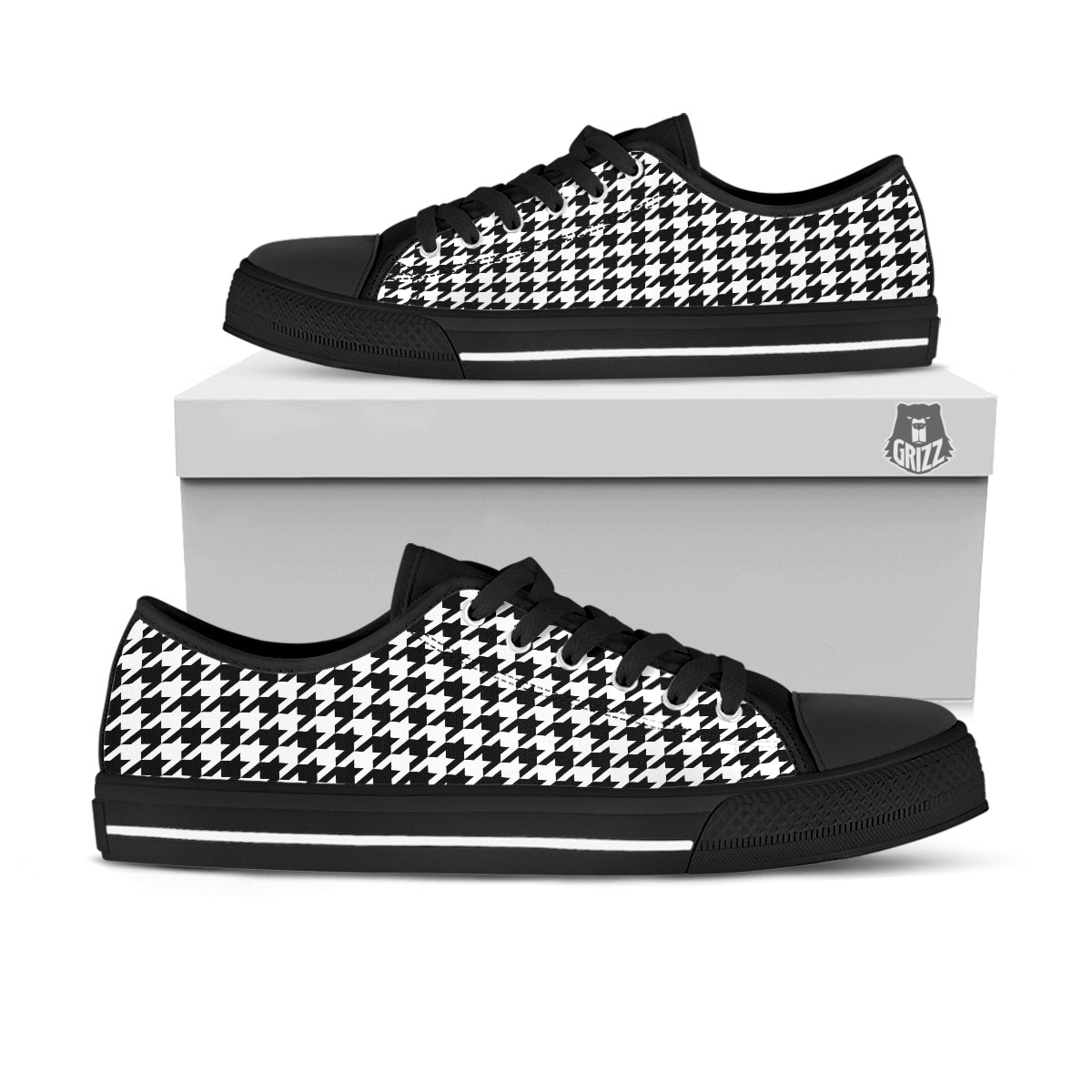 Black Houndstooth Print Black Low Top Shoes-grizzshop