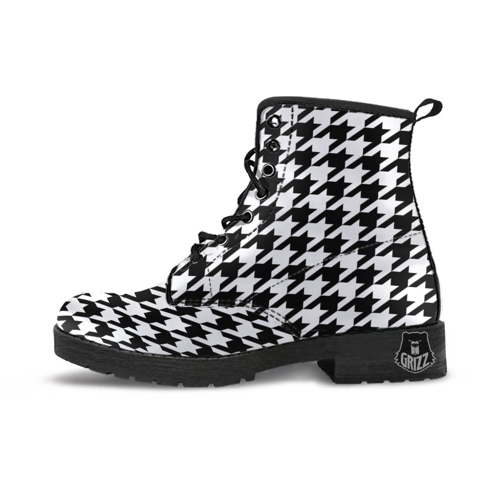 Black Houndstooth Print Leather Boots-grizzshop
