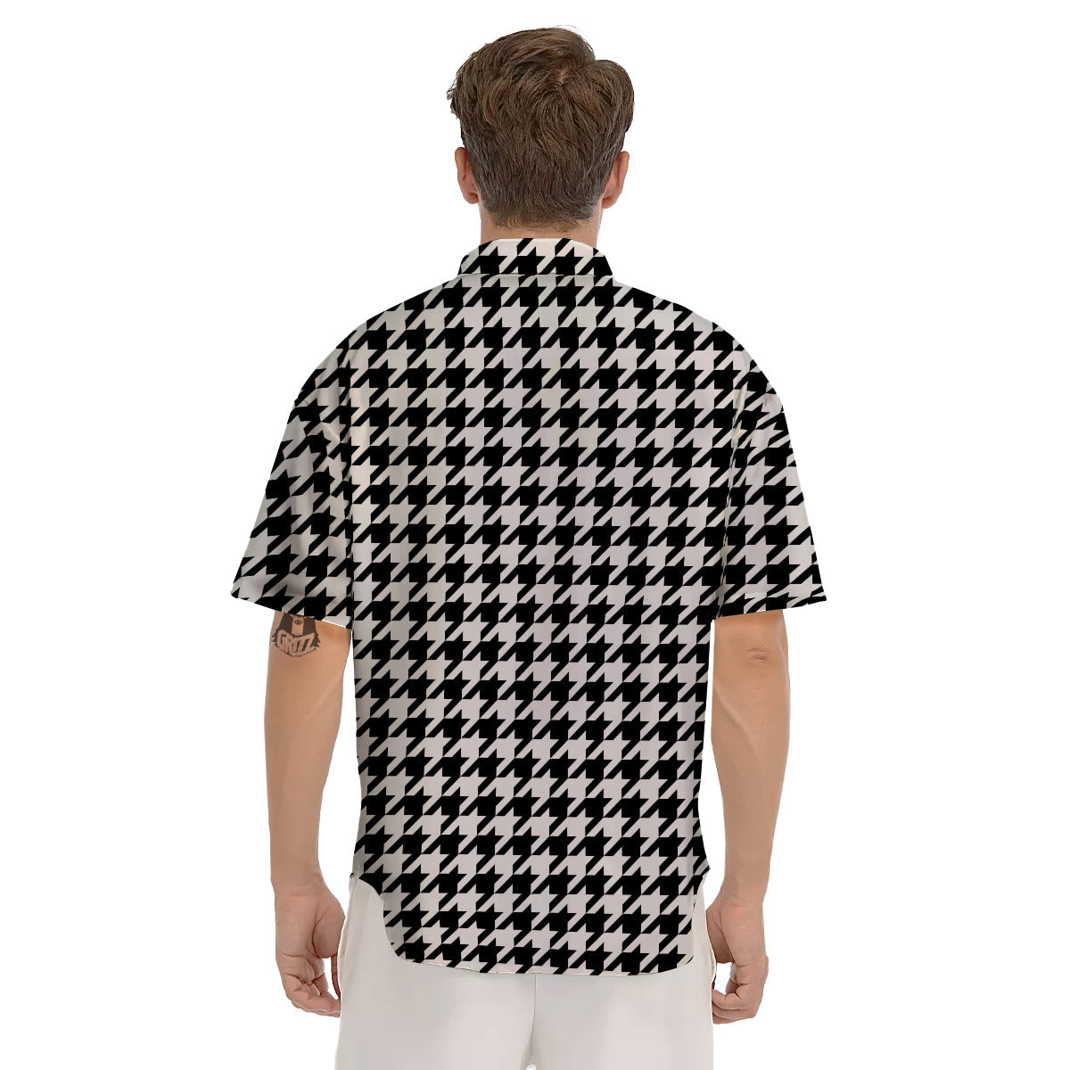 Black Houndstooth Print Men's Short Sleeve Shirts-grizzshop