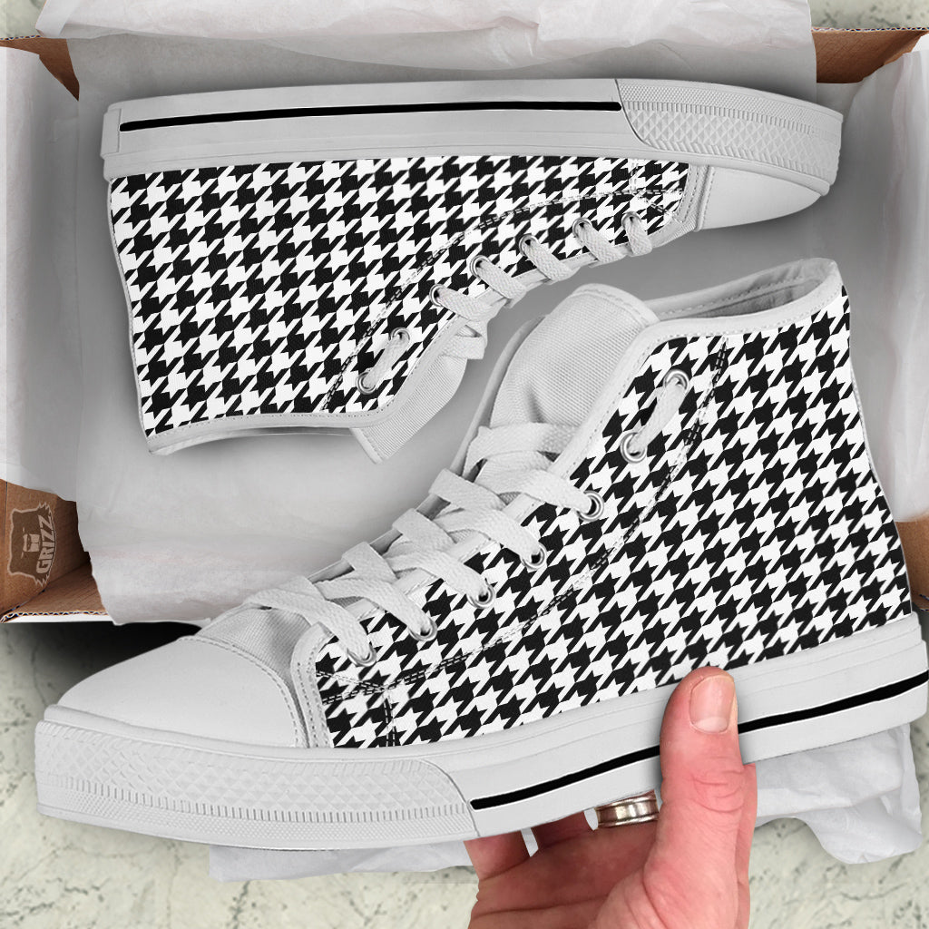 Black Houndstooth Print White High Top Shoes-grizzshop