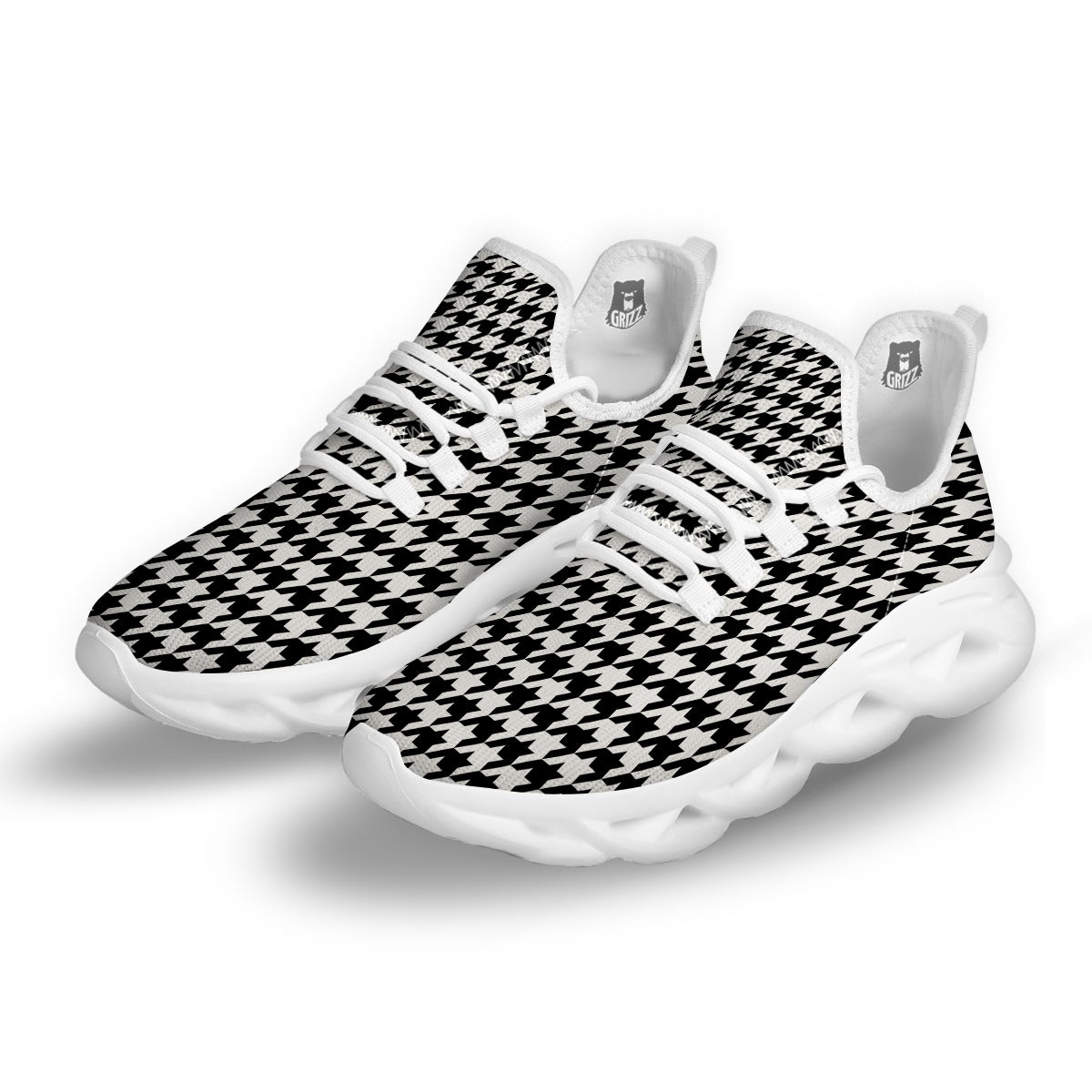 Black Houndstooth Print White Running Shoes-grizzshop