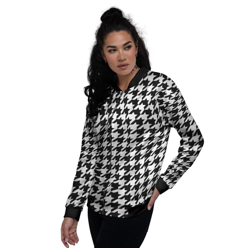 Black Houndstooth Print Women's Bomber Jacket-grizzshop