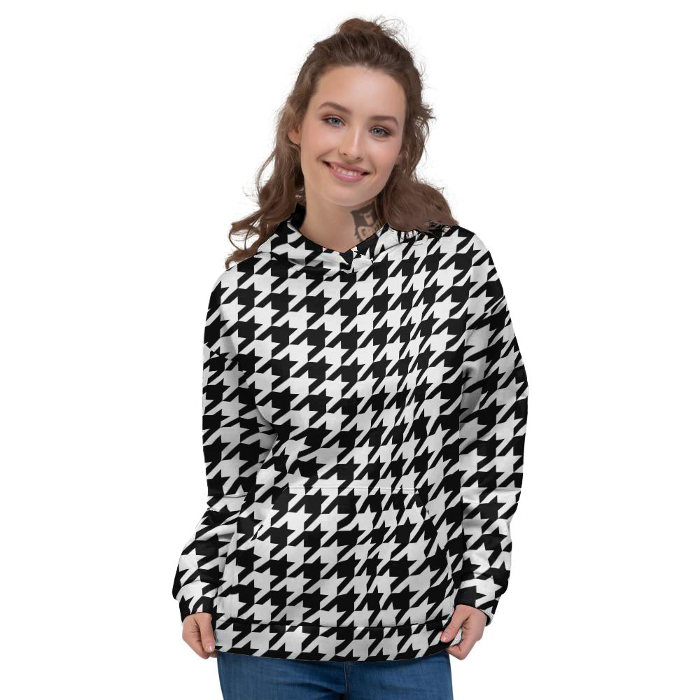 Black Houndstooth Print Women's Hoodie-grizzshop