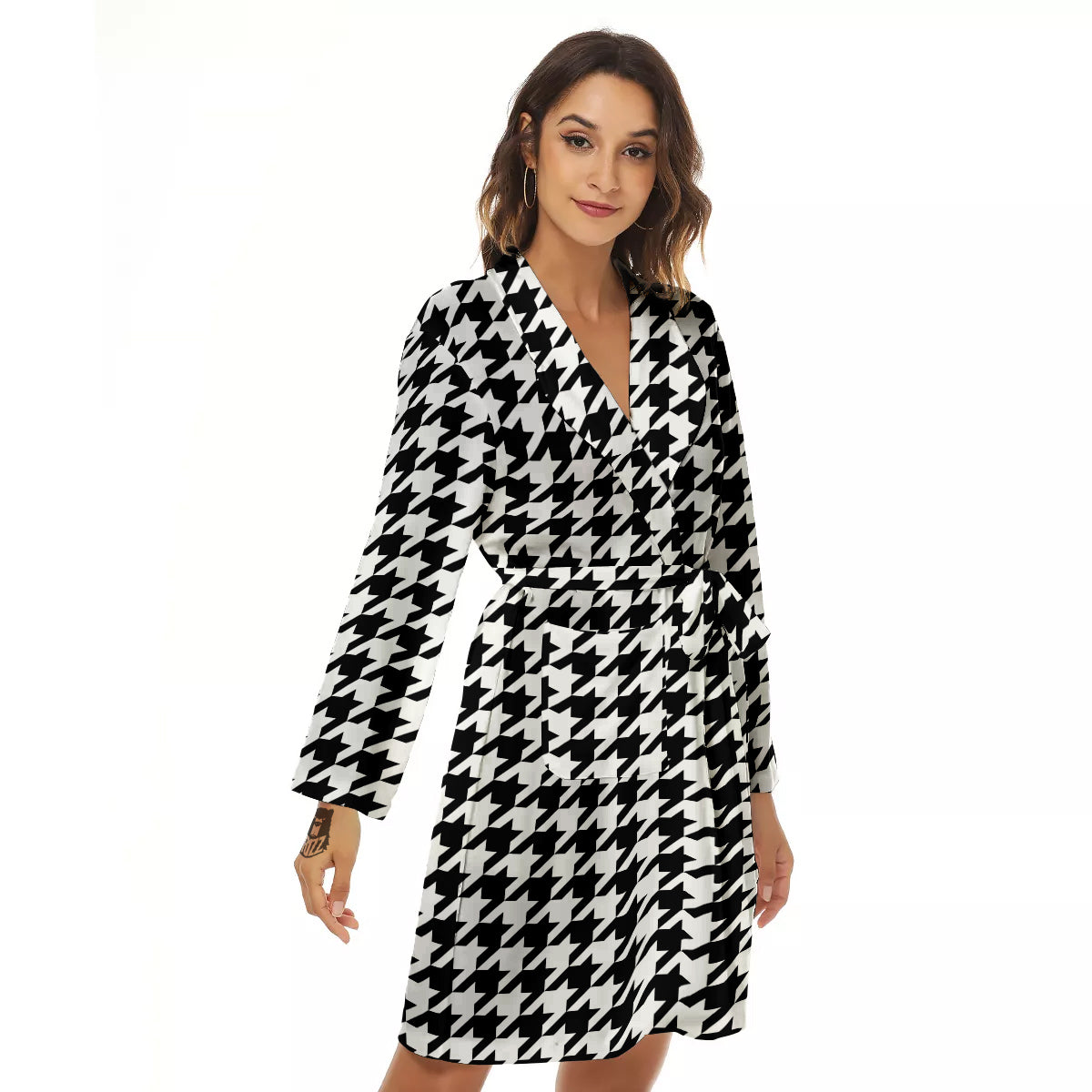 Black Houndstooth Print Women's Robe-grizzshop