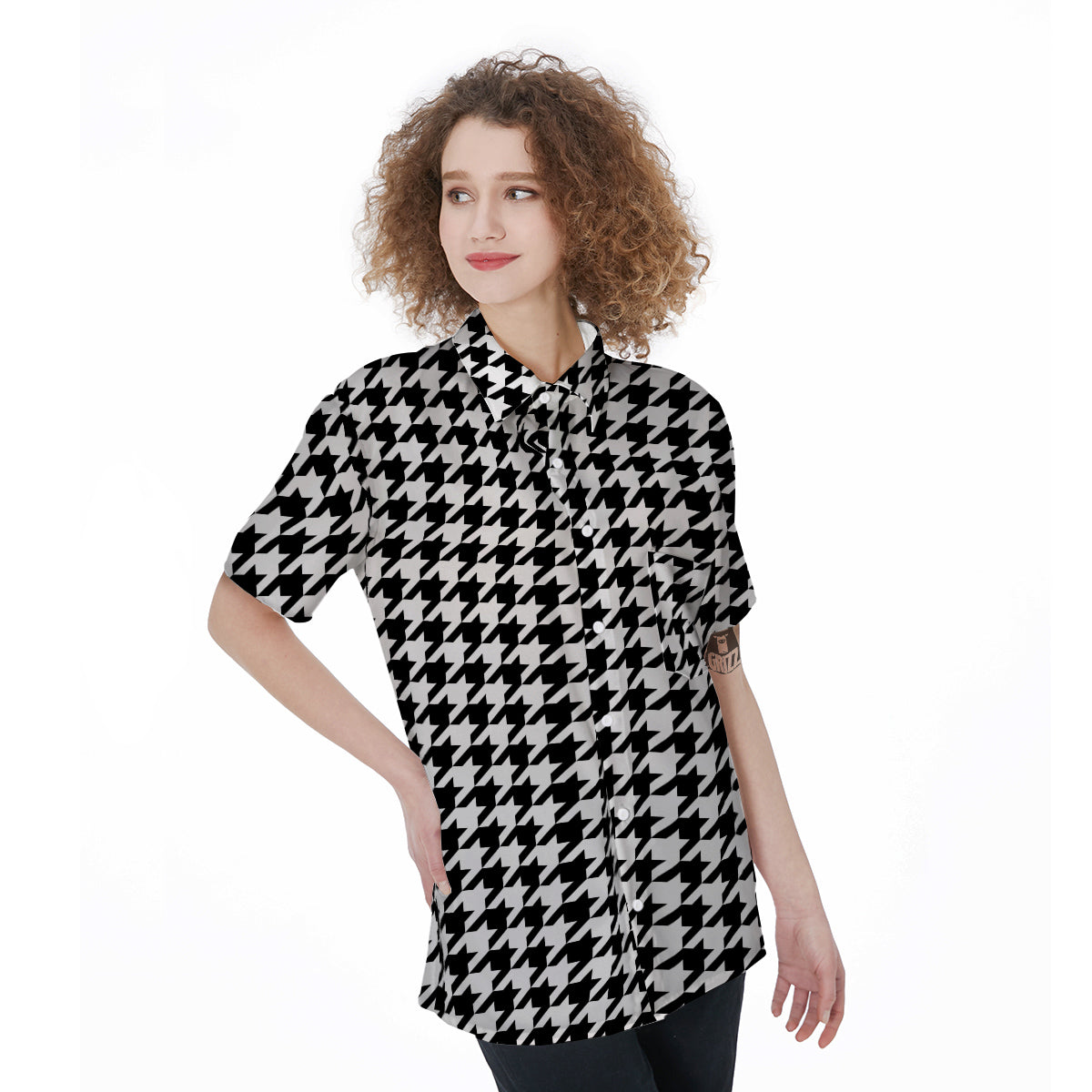 Black Houndstooth Print Women's Short Sleeve Shirts-grizzshop