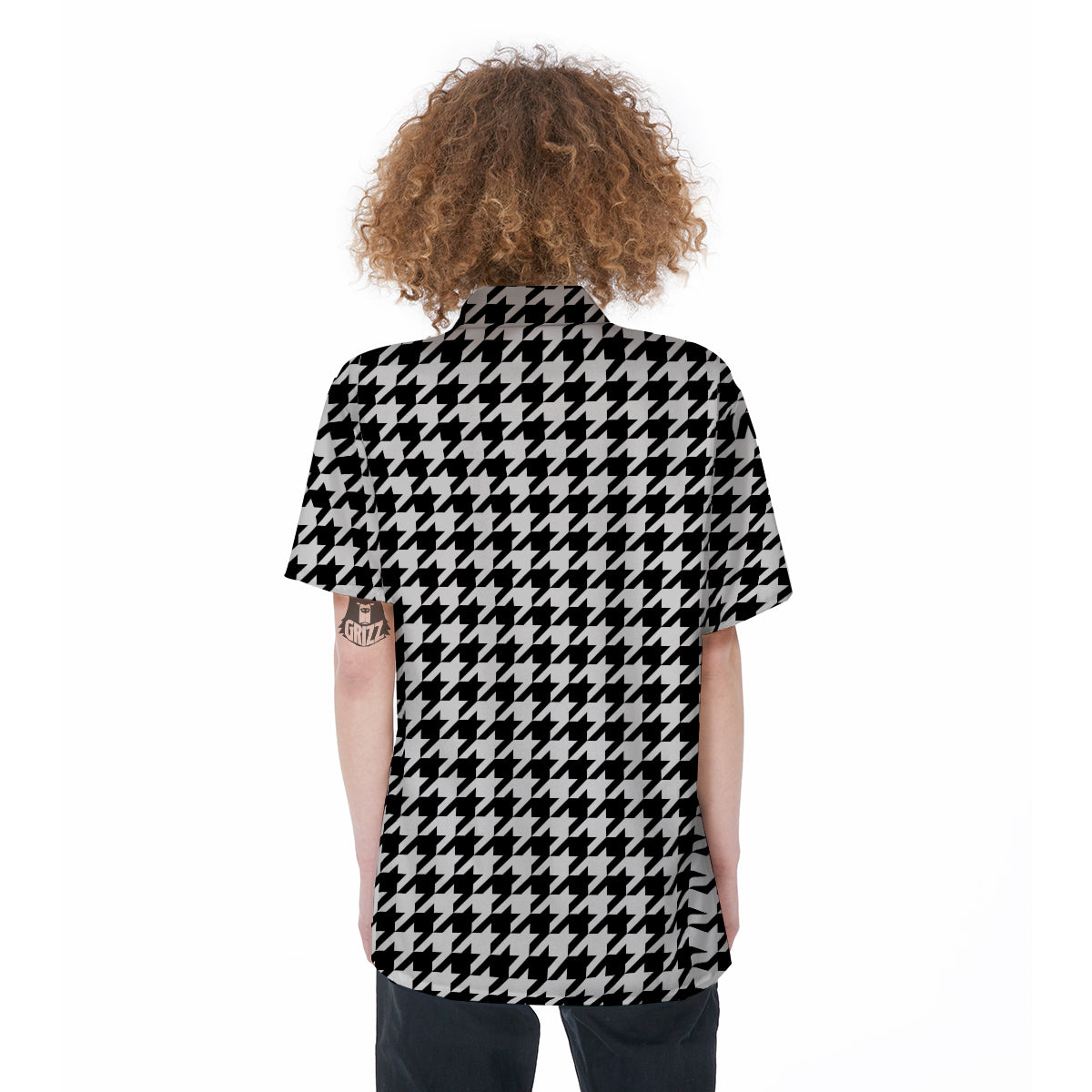 Black Houndstooth Print Women's Short Sleeve Shirts-grizzshop