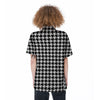 Black Houndstooth Print Women's Short Sleeve Shirts-grizzshop