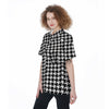 Black Houndstooth Print Women's Short Sleeve Shirts-grizzshop