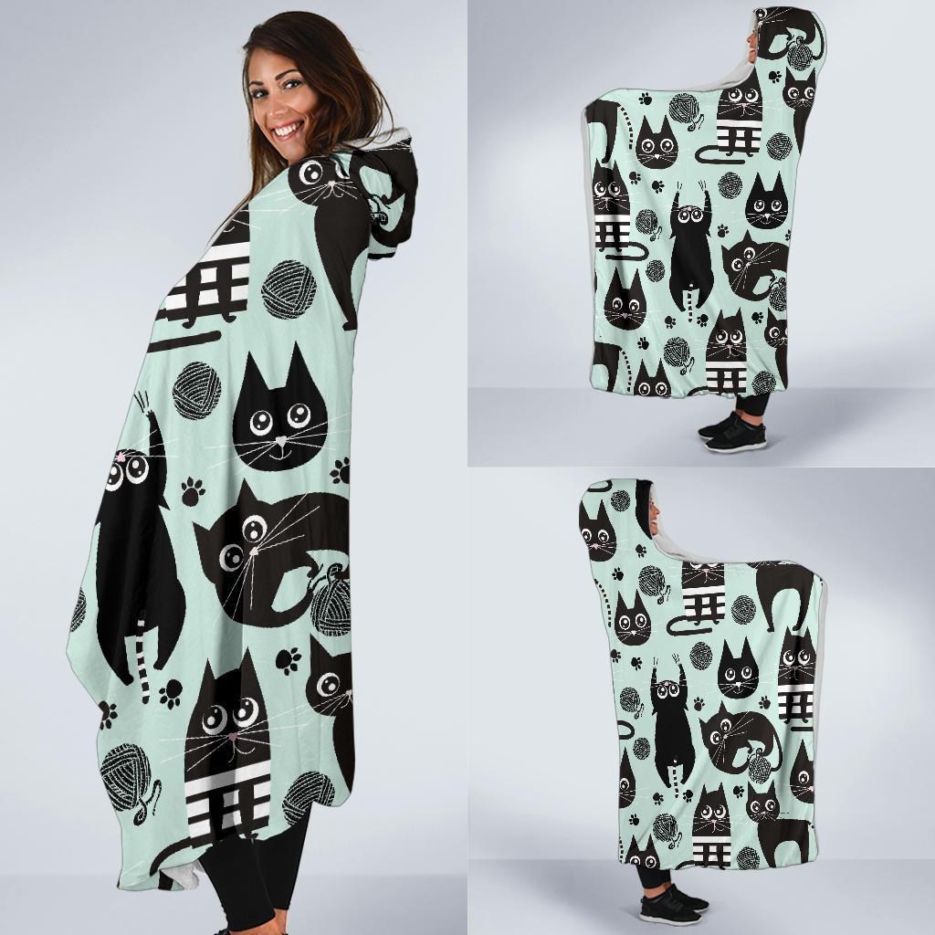 Black Kitten Cat Pattern Print Hooded Blanket-grizzshop