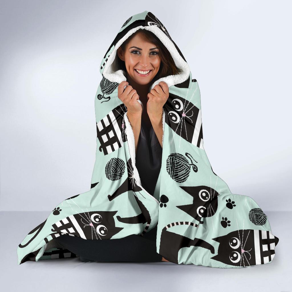 Black Kitten Cat Pattern Print Hooded Blanket-grizzshop