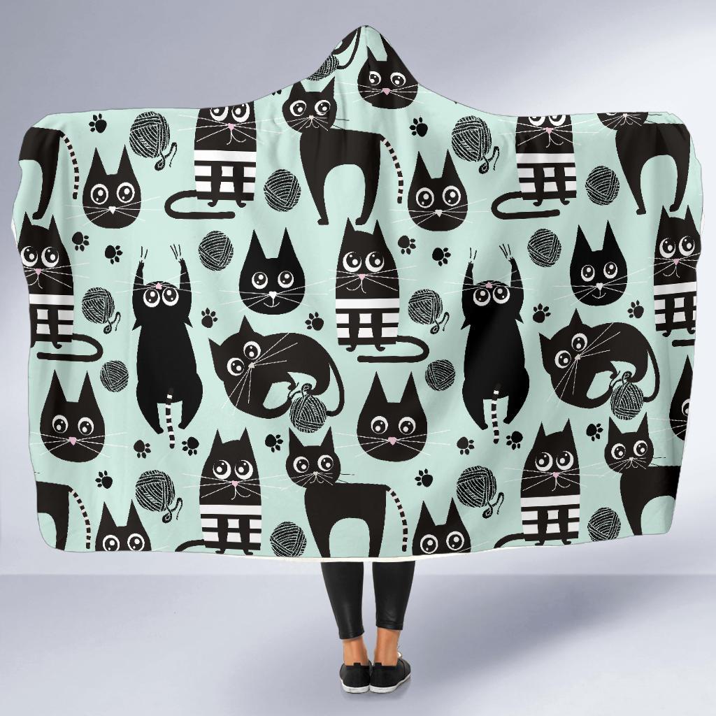 Black Kitten Cat Pattern Print Hooded Blanket-grizzshop