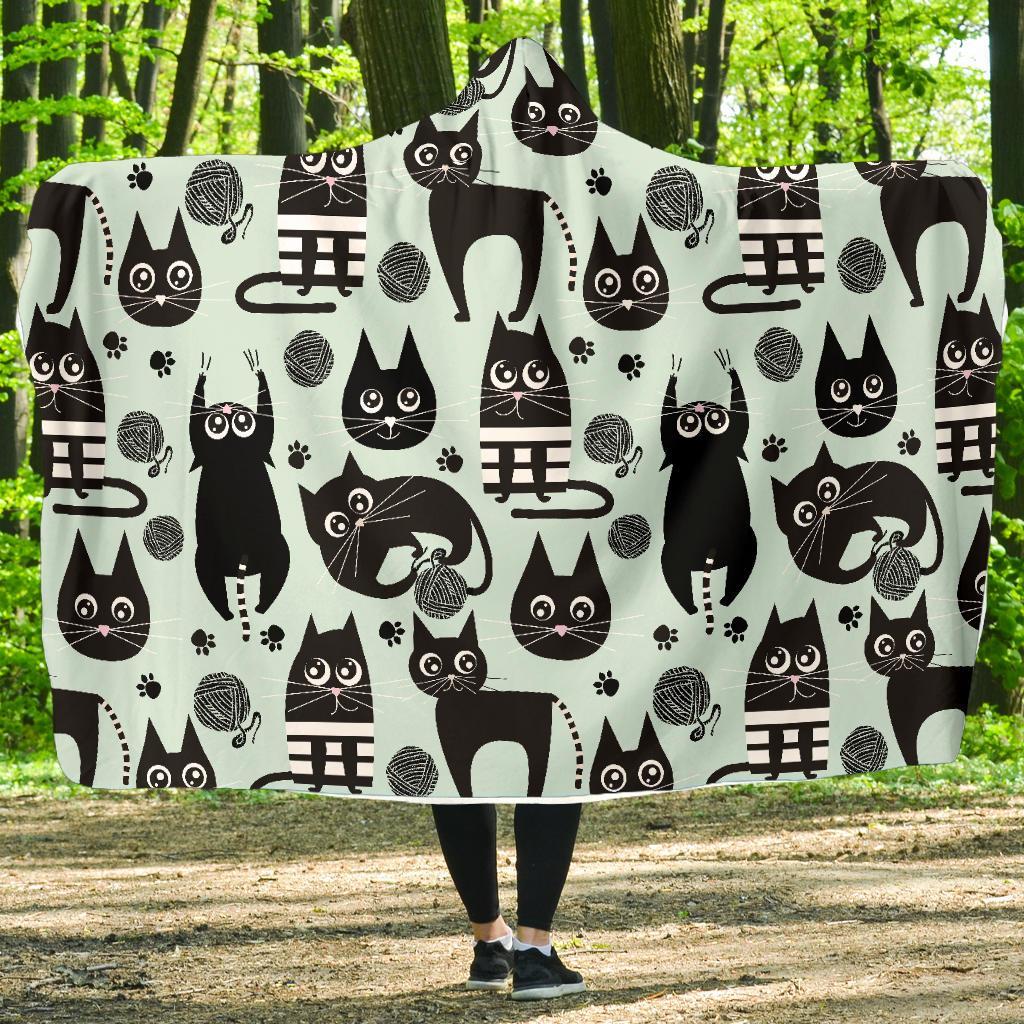 Black Kitten Cat Pattern Print Hooded Blanket-grizzshop