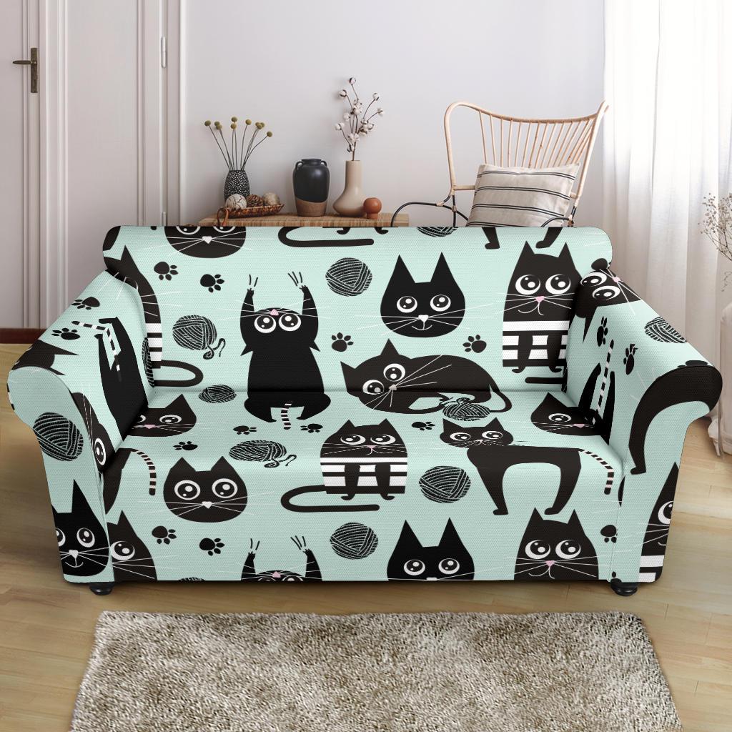 Black Kitten Cat Pattern Print Loveseat Cover-grizzshop