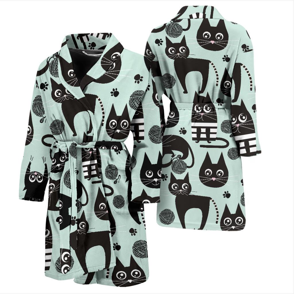 Black Kitten Cat Pattern Print Men Long Robe-grizzshop