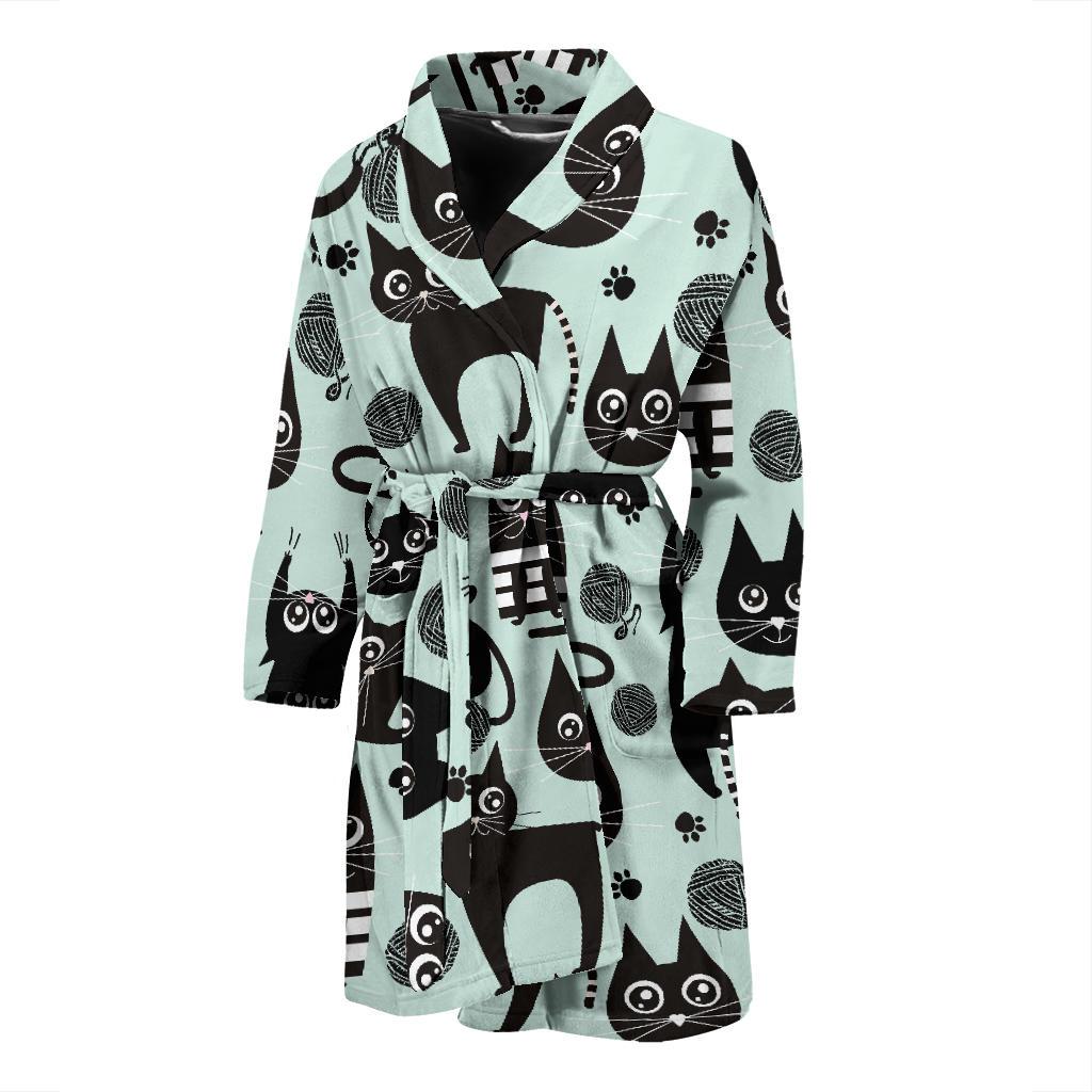 Black Kitten Cat Pattern Print Men Long Robe-grizzshop