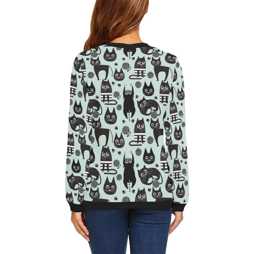 Black Kitten Cat Pattern Print Women Crewneck Sweatshirt-grizzshop