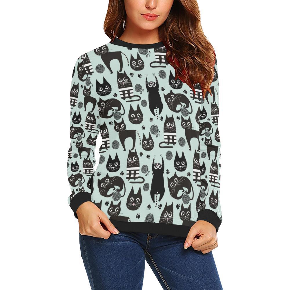 Black Kitten Cat Pattern Print Women Crewneck Sweatshirt-grizzshop