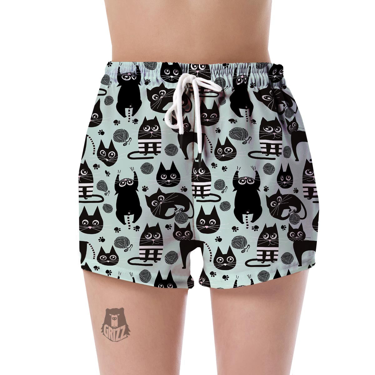 Black Kitten Cat Pattern Print Women's Shorts-grizzshop