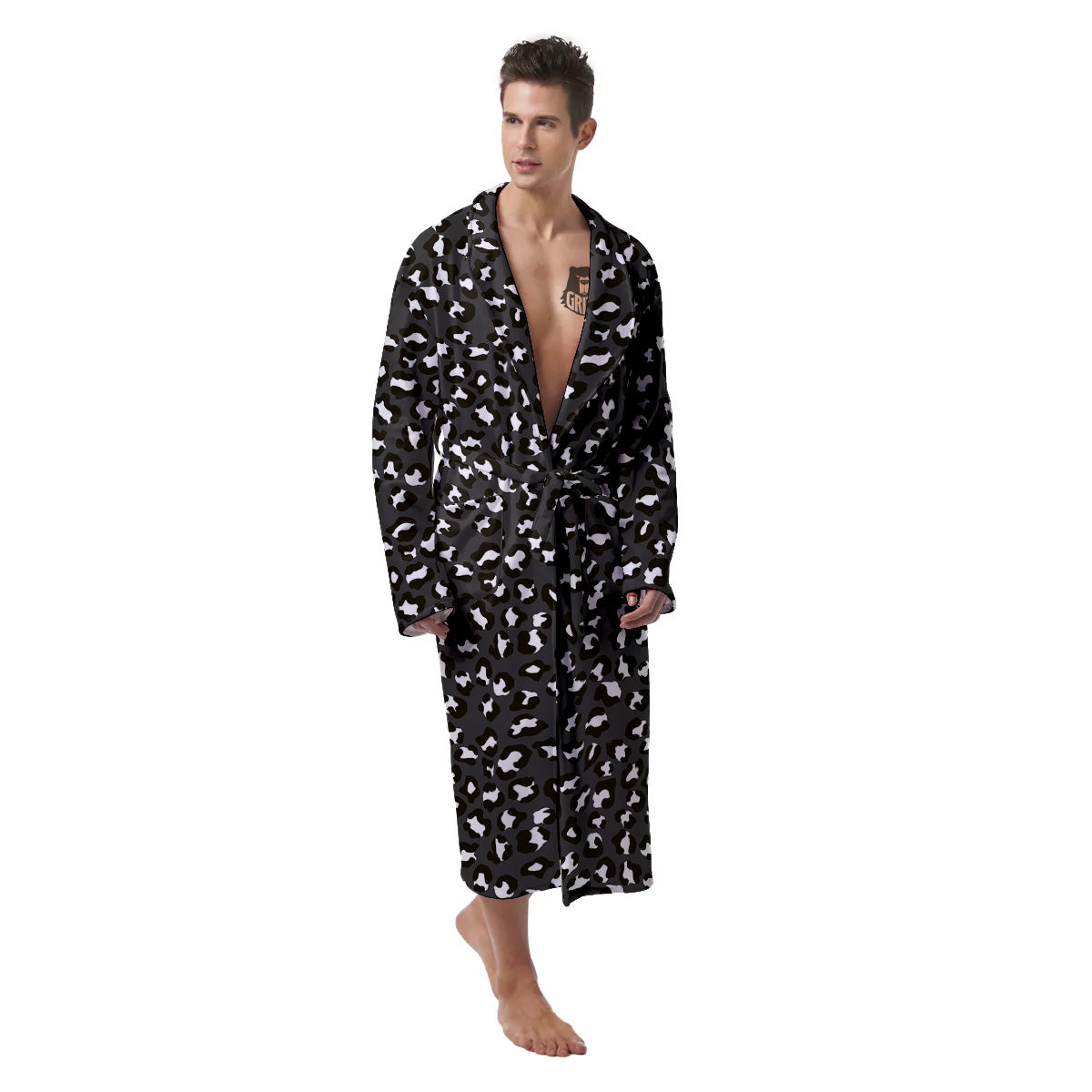 Black Leopard Print Pattern Men's Robe-grizzshop