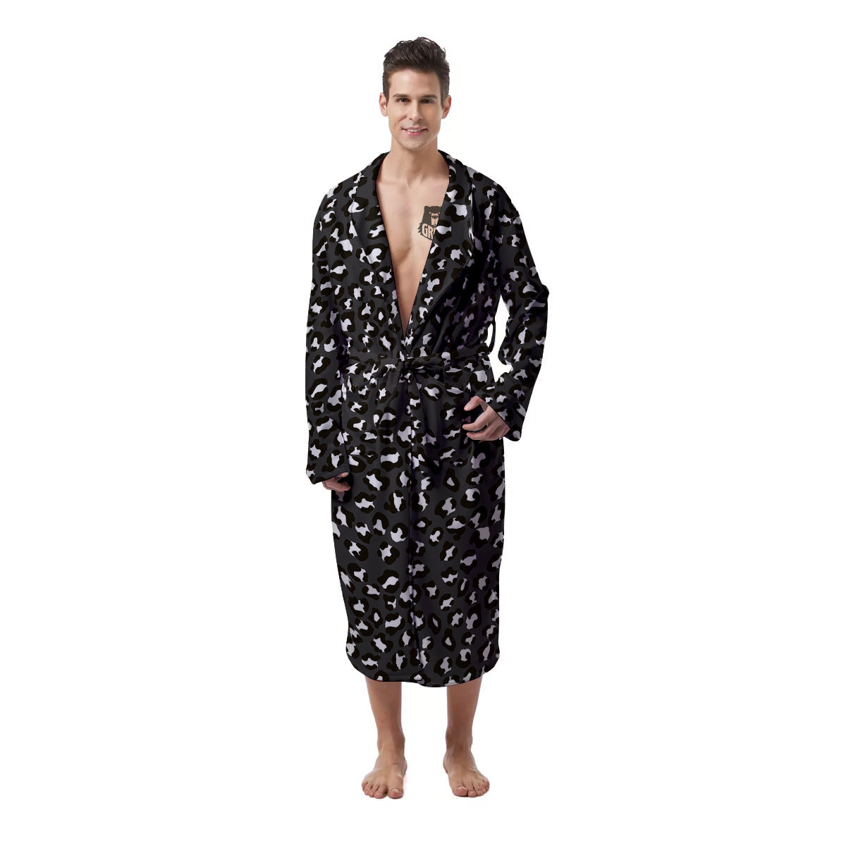 Black Leopard Print Pattern Men's Robe-grizzshop