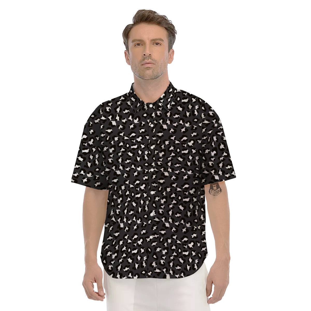 Black Leopard Print Pattern Men's Short Sleeve Shirts-grizzshop