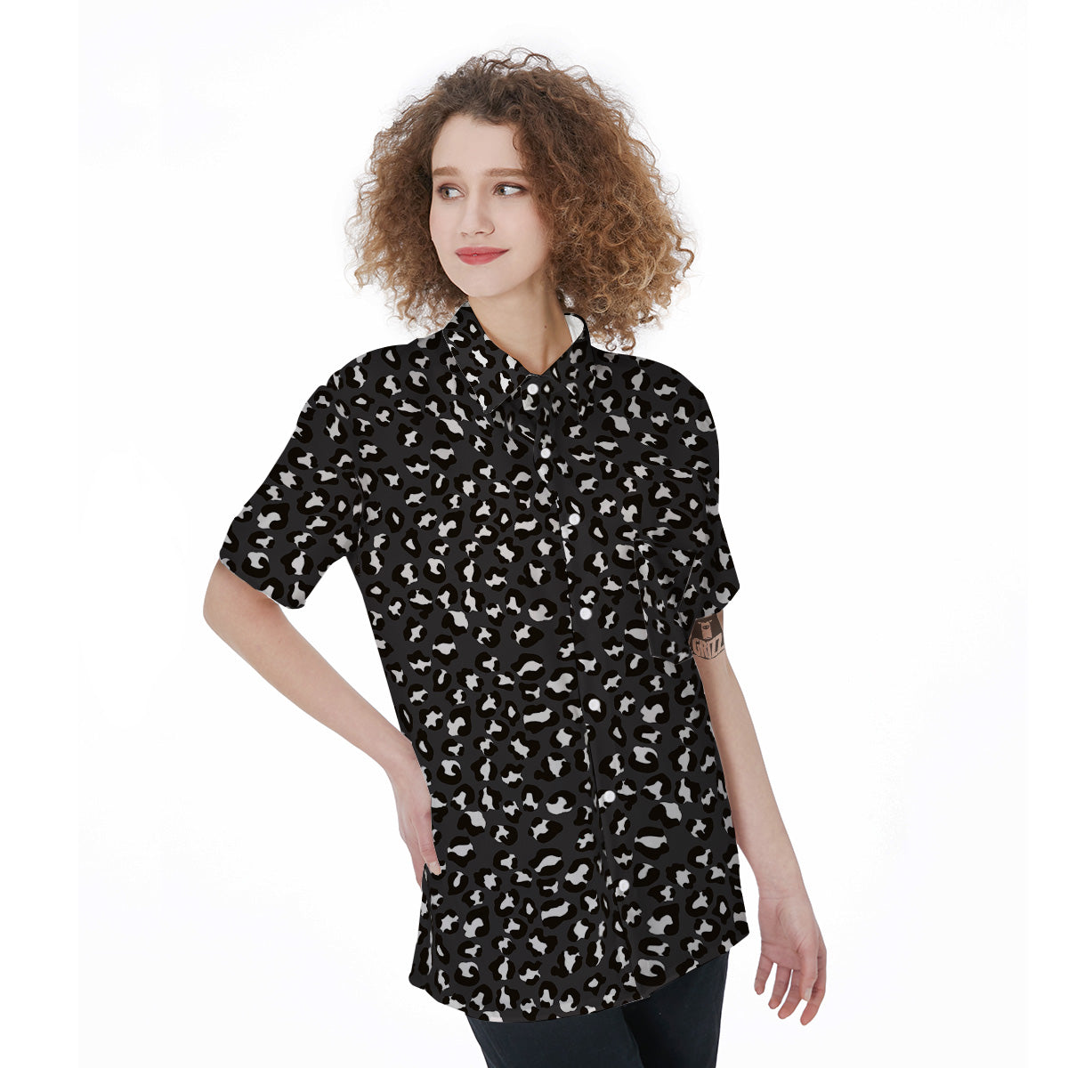 Black Leopard Print Pattern Women's Short Sleeve Shirts-grizzshop