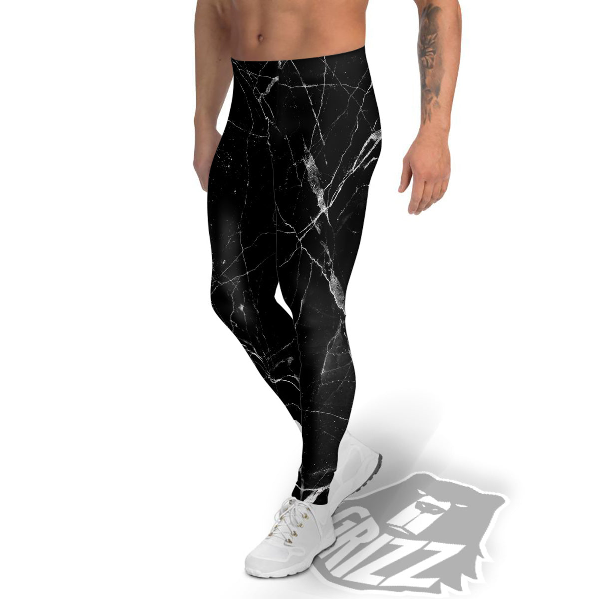Black Marble White Grunge Print Men's Leggings-grizzshop