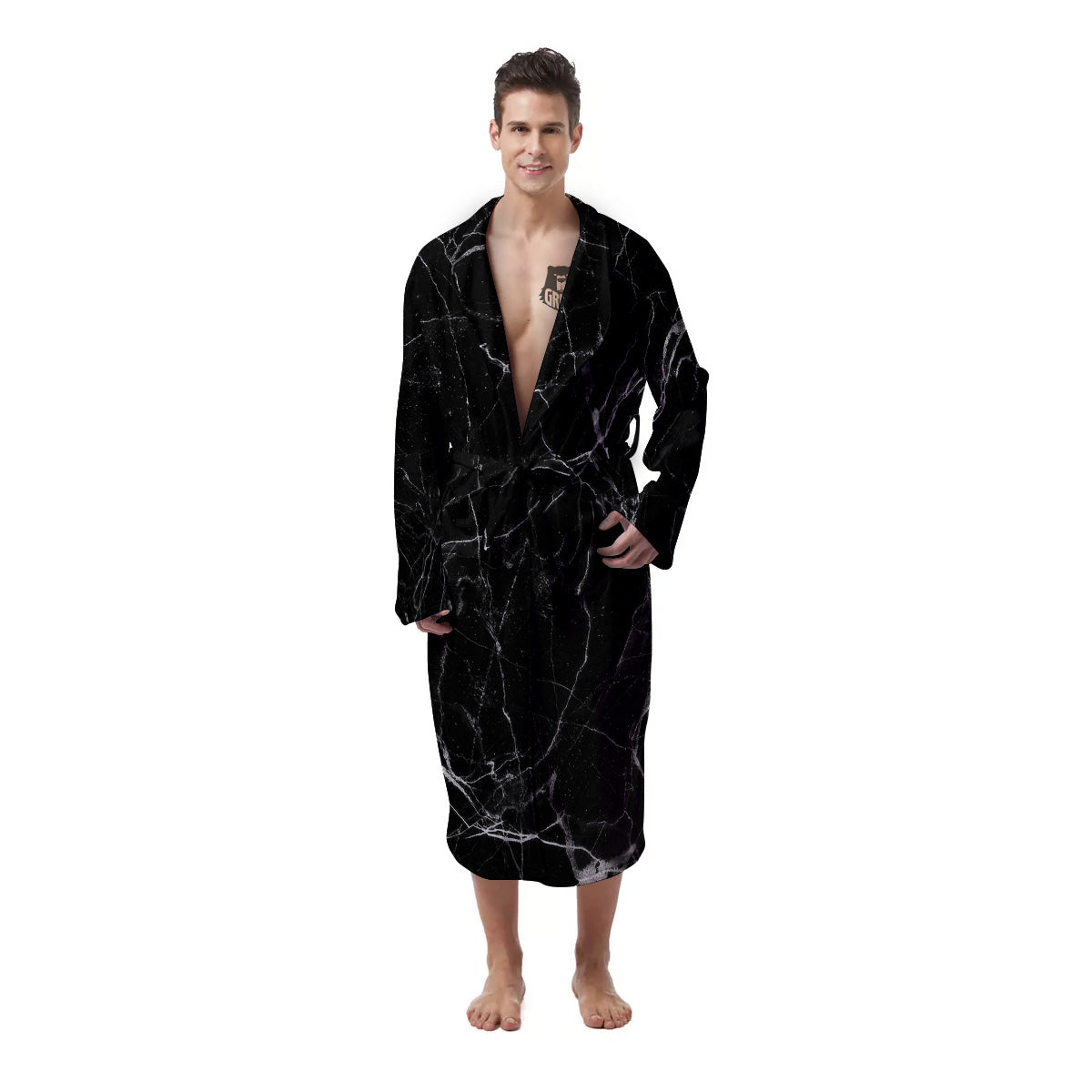 Black Marble White Grunge Print Men's Robe-grizzshop