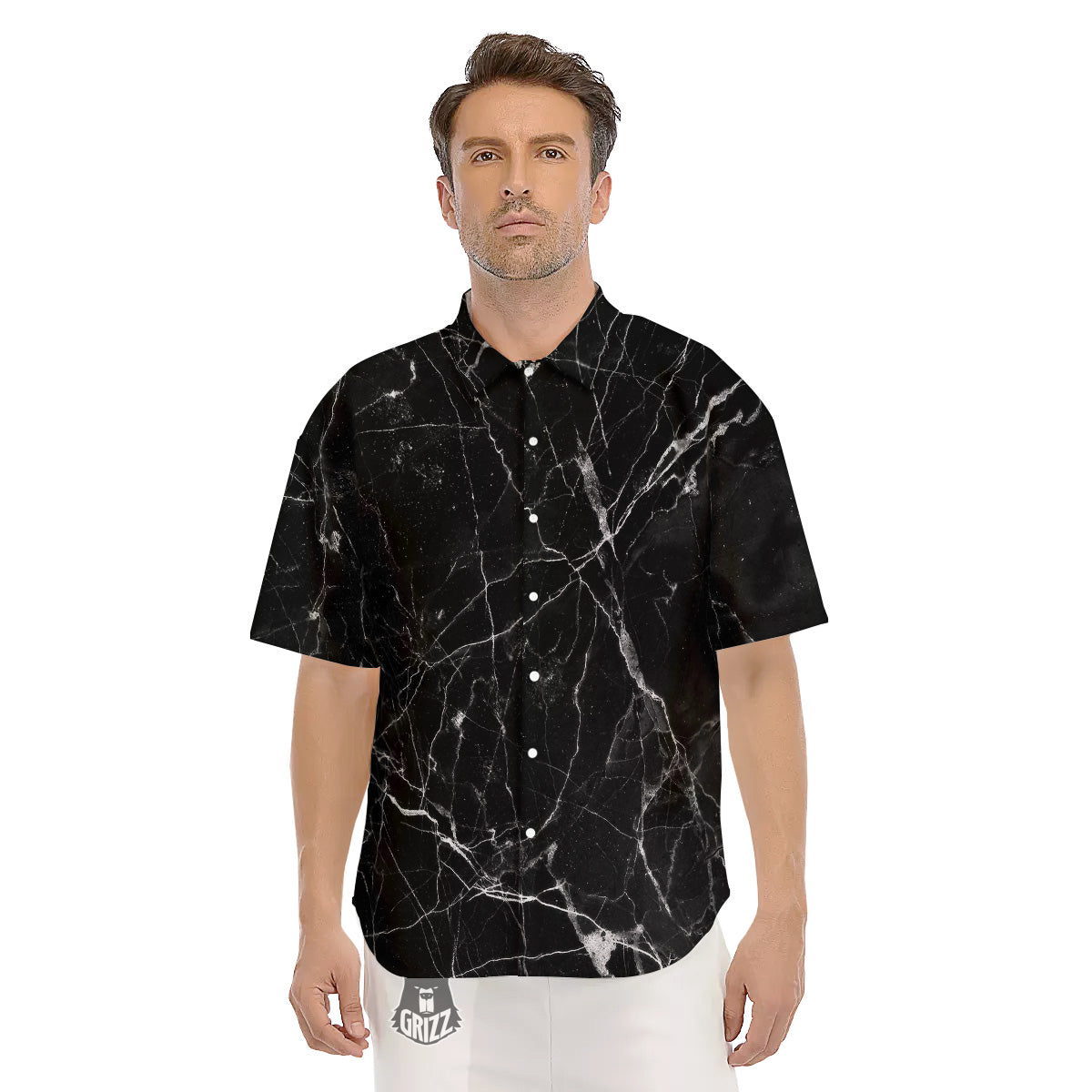 Black Marble White Grunge Print Men's Short Sleeve Shirts-grizzshop