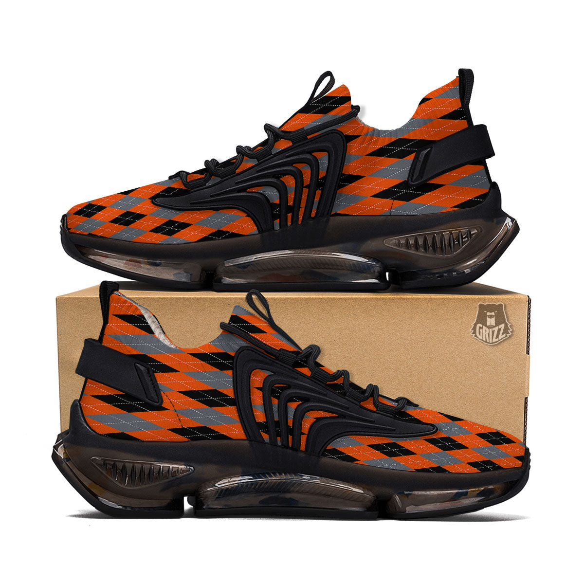 Black Orange And Grey Argyle Print Pattern Black Gym Shoes-grizzshop