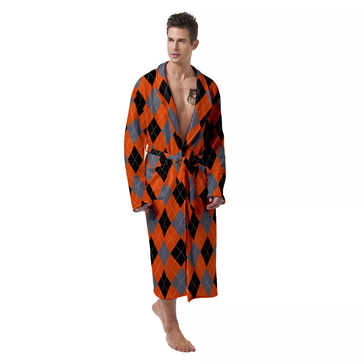 Black Orange And Grey Argyle Print Pattern Men's Robe-grizzshop