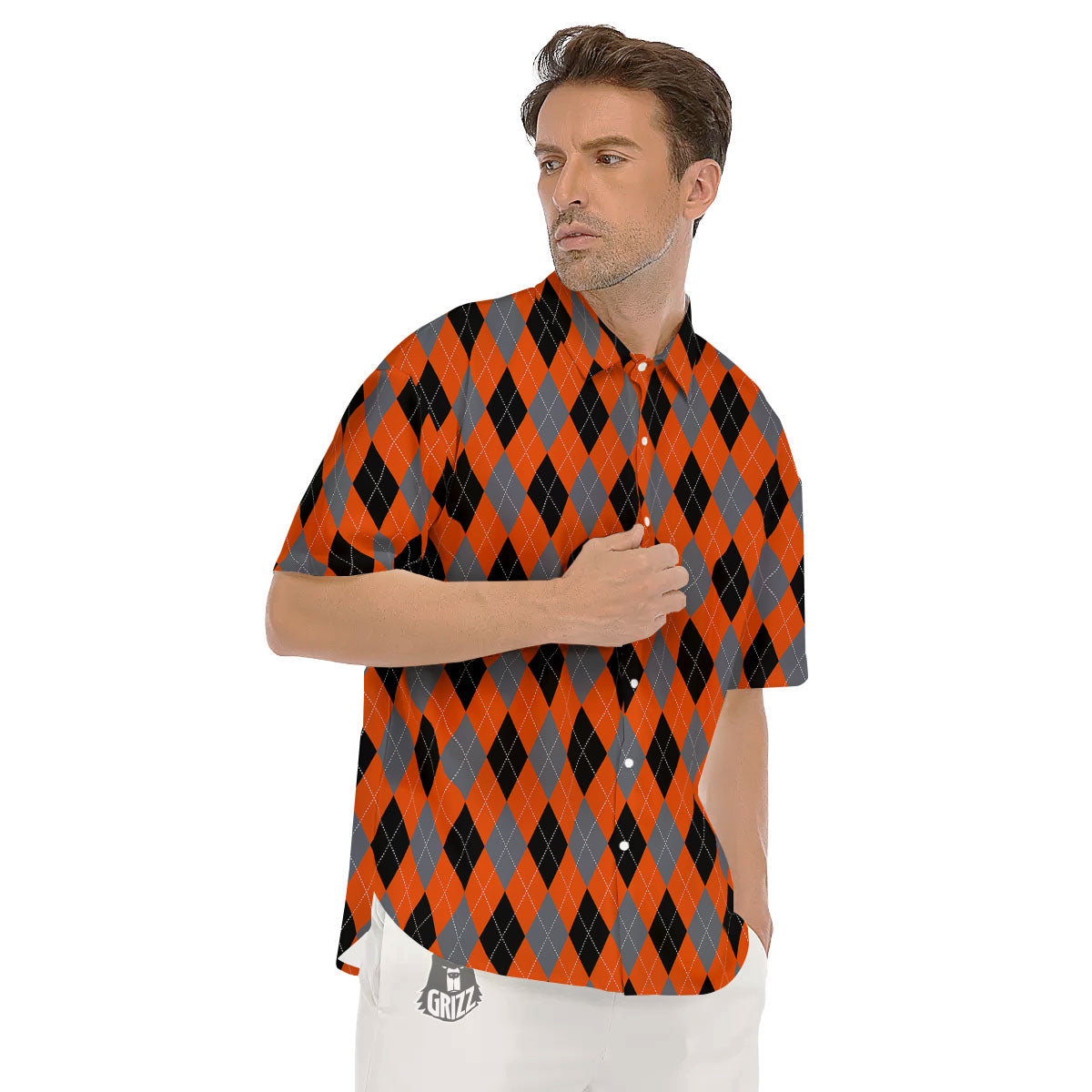 Black Orange And Grey Argyle Print Pattern Men's Short Sleeve Shirts-grizzshop