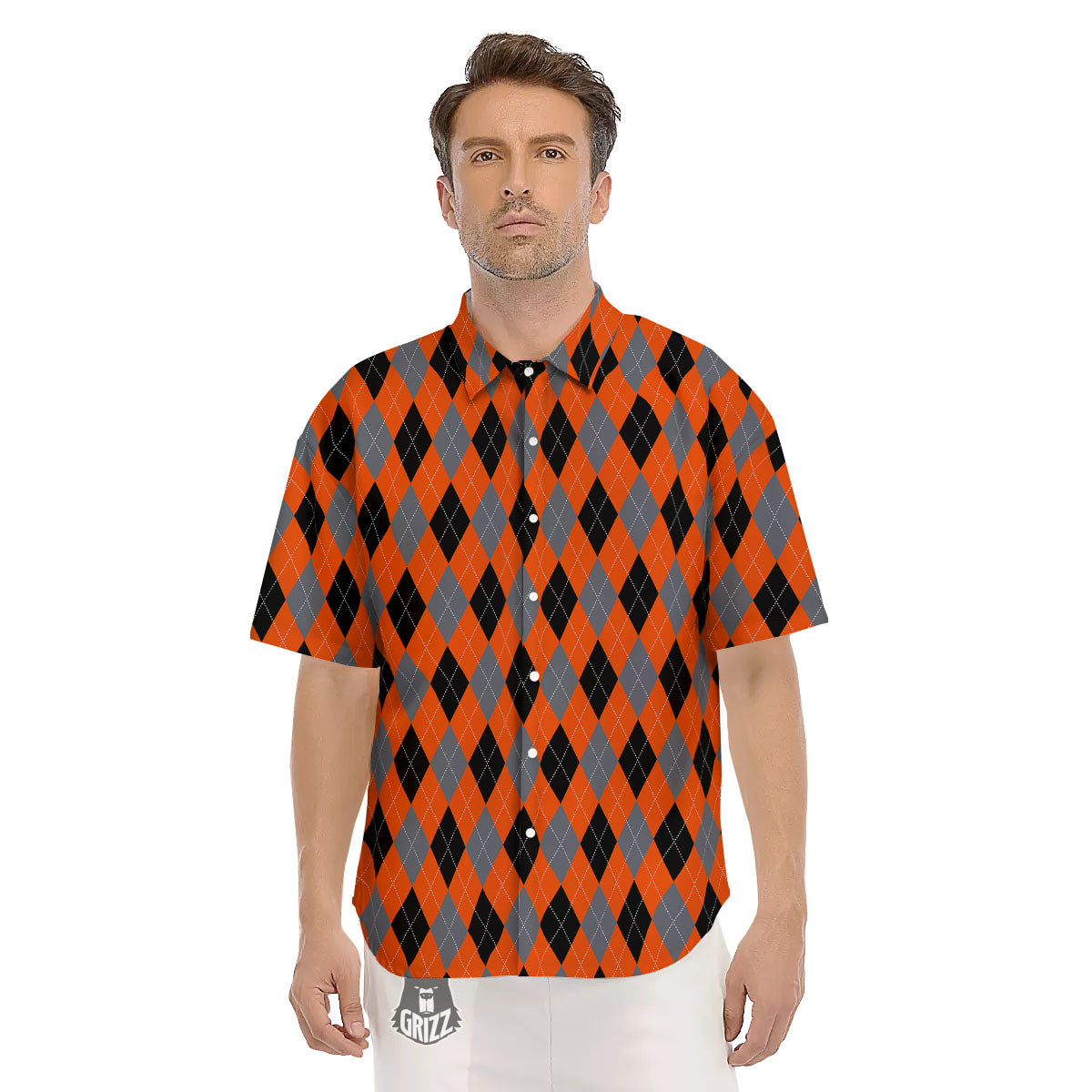 Black Orange And Grey Argyle Print Pattern Men's Short Sleeve Shirts-grizzshop