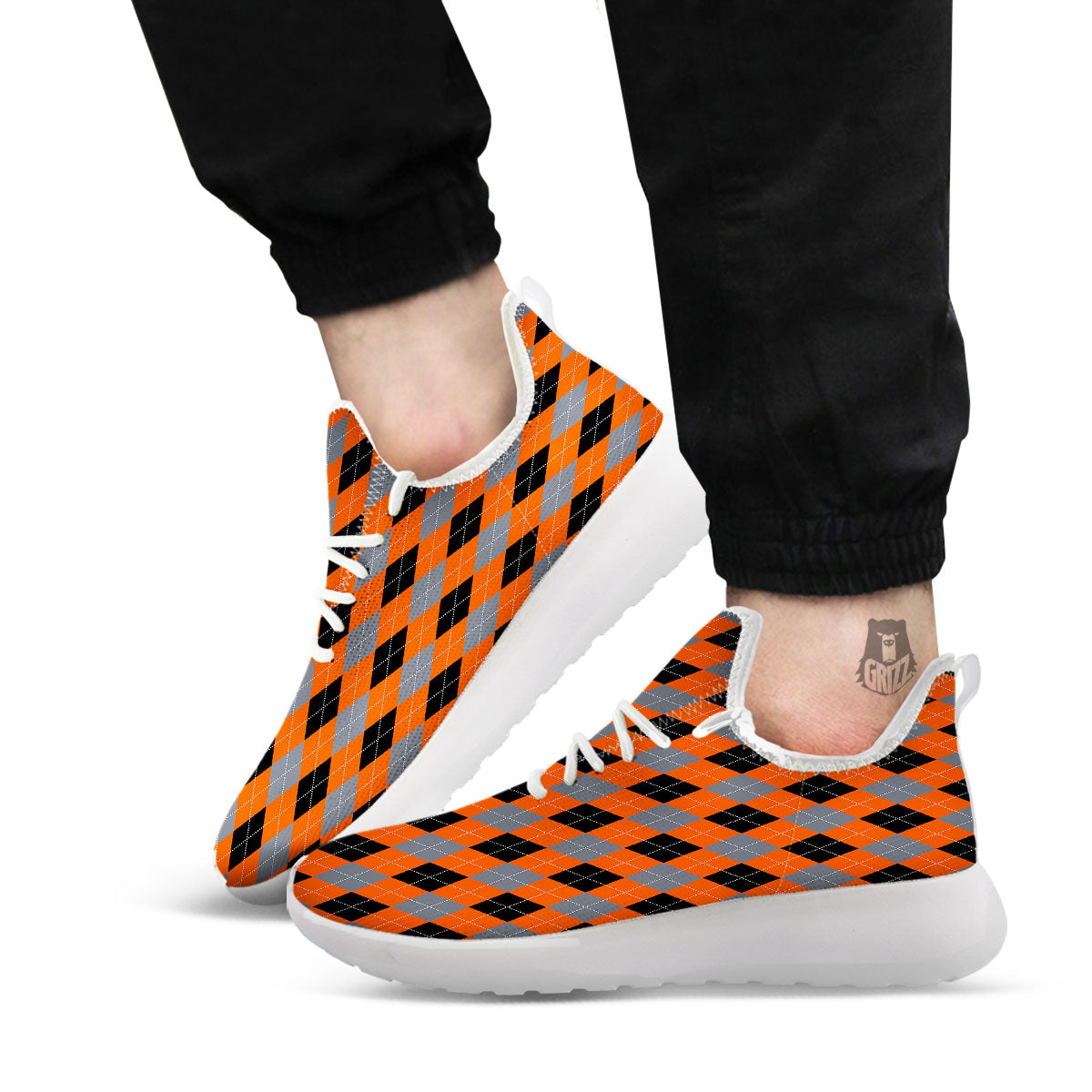 Black Orange And Grey Argyle Print Pattern White Athletic Shoes-grizzshop