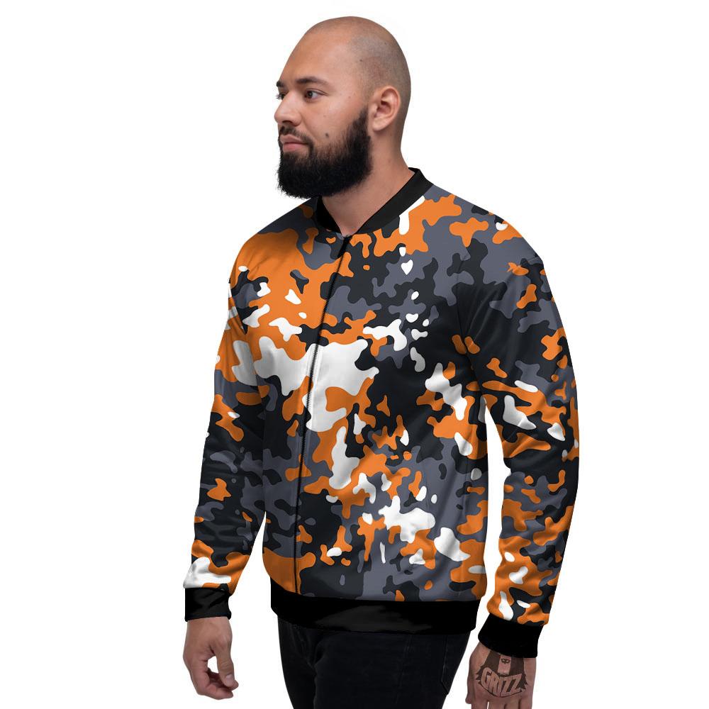 Black Orange And Grey Camouflage Print Men's Bomber Jacket-grizzshop