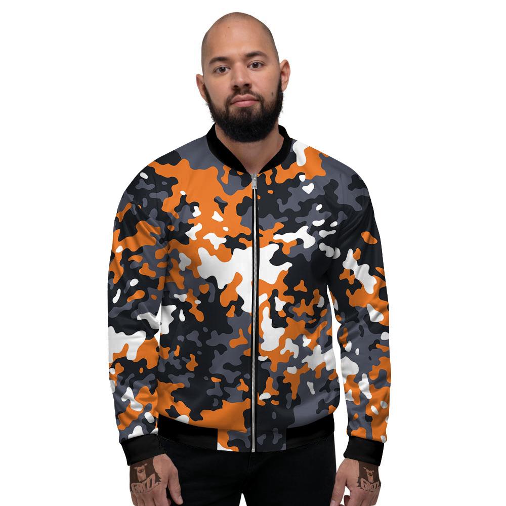 Black Orange And Grey Camouflage Print Men's Bomber Jacket-grizzshop