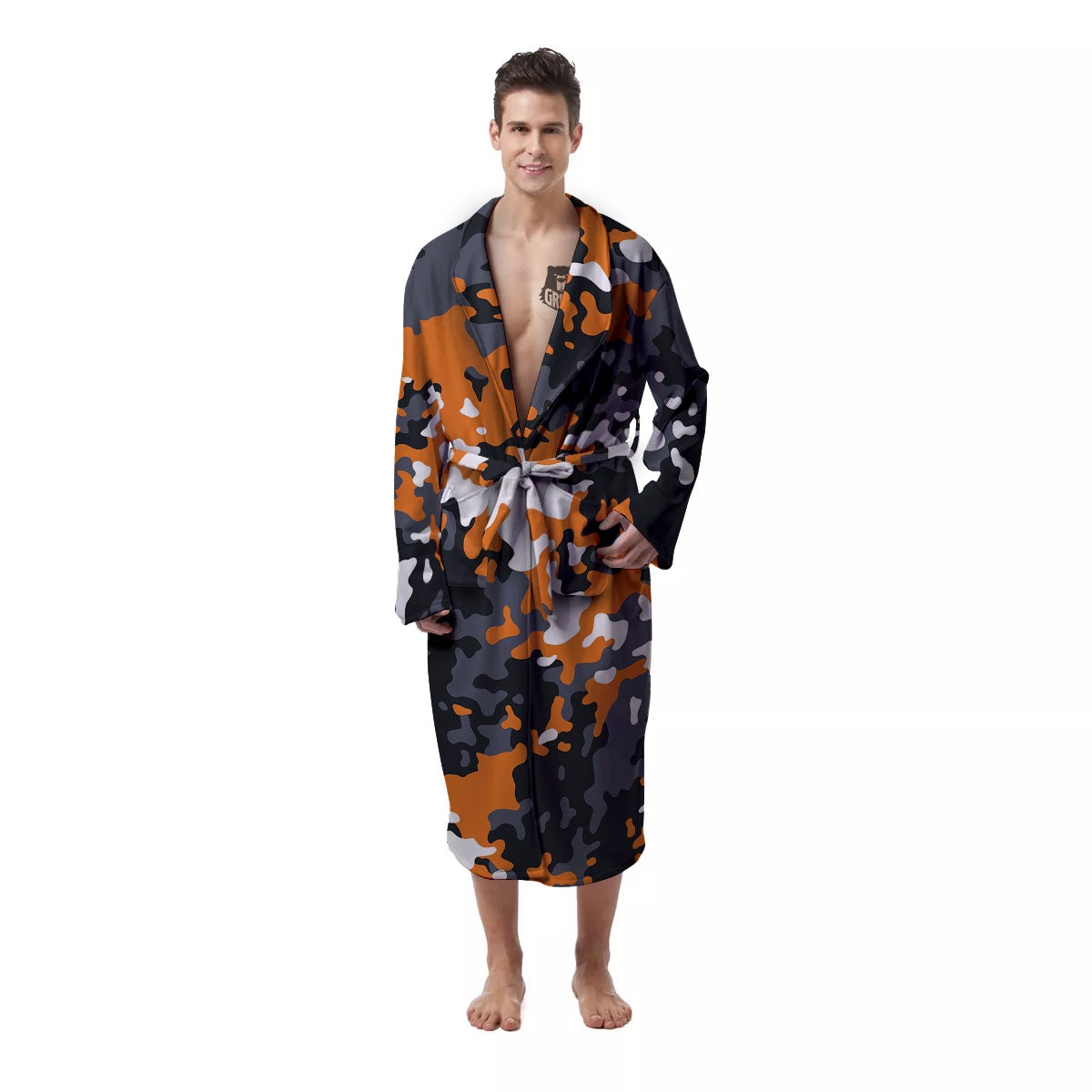 Black Orange And Grey Camouflage Print Men's Robe-grizzshop